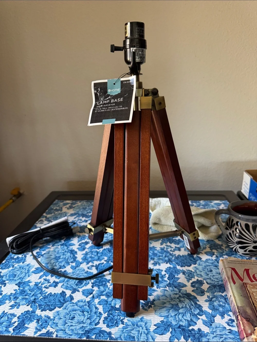 Extendable Wood Tripod Lamp Base with Brass Accents - Brown